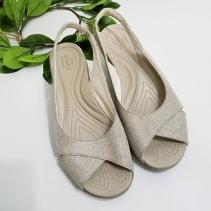 Crocs Tan Strappy Sling Back Wedge Sandals